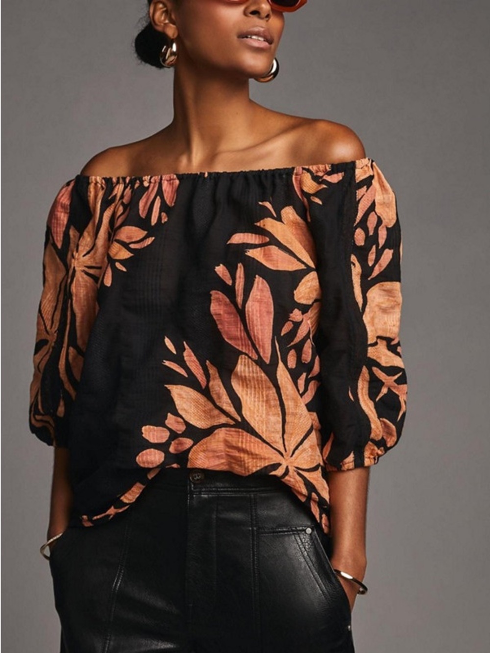 Anthropologie Off the Shoulder Bold Tropical Floral Printed Blouse Size XS NWT